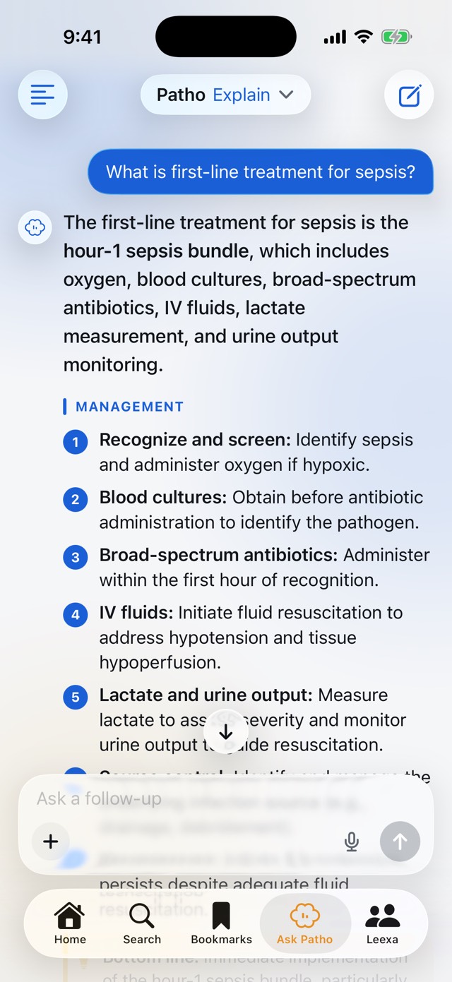 Ask Patho answering a question on sepsis with a numbered management plan