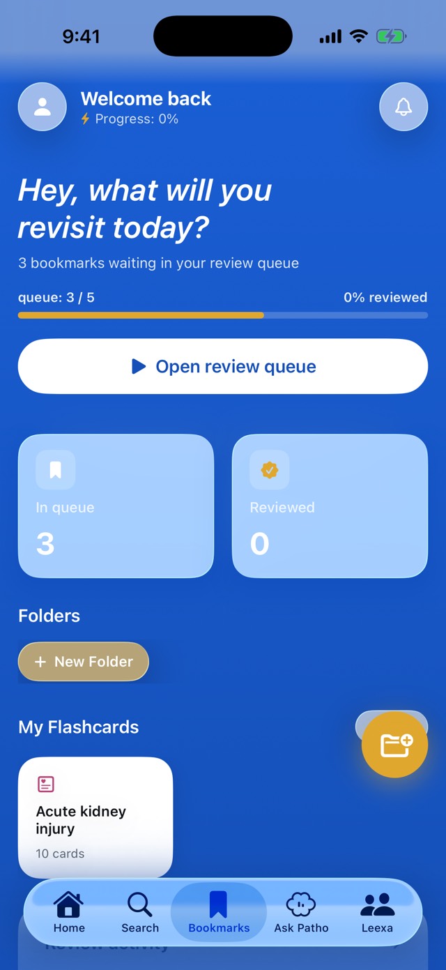 Bookmarks with the review queue, progress, folders and My Flashcards