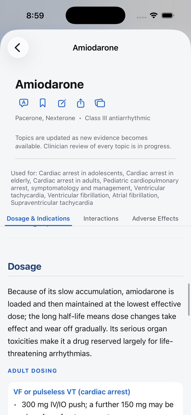 Amiodarone: brand names, class, review notice and dosing on the Dosage and Indications tab