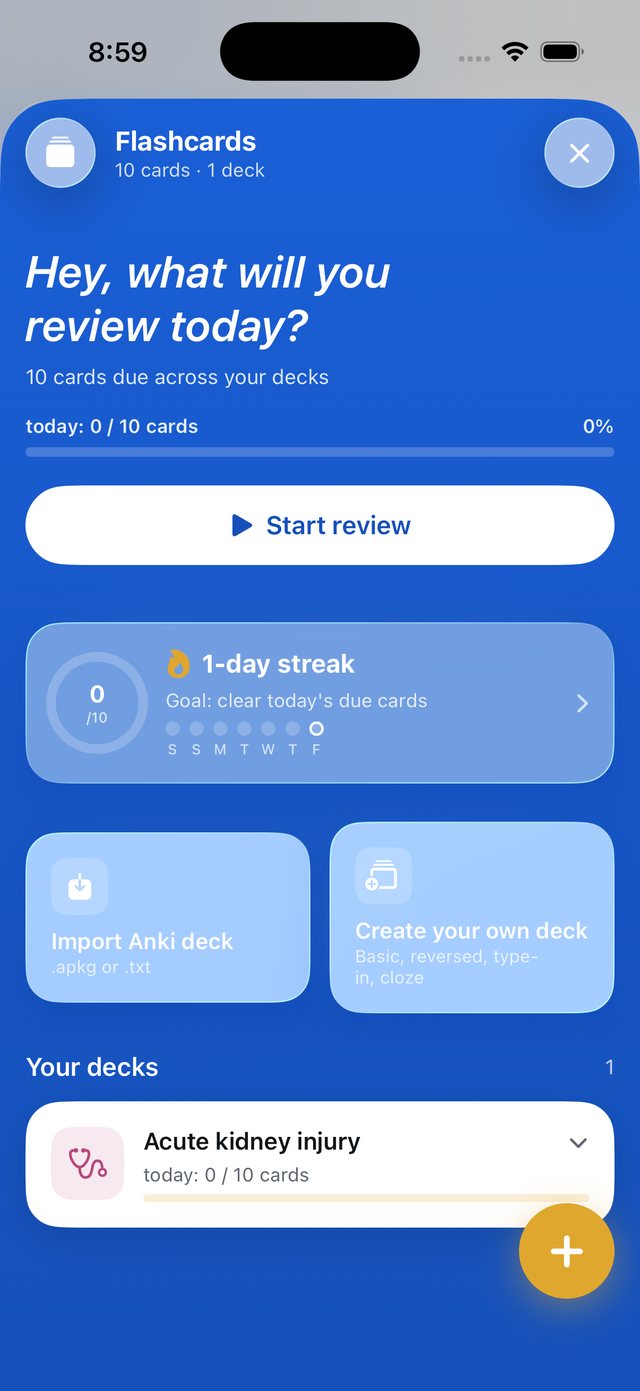 Flashcards: cards due today, Start review, the daily streak, Import Anki deck and Create your own deck