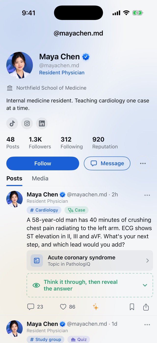 A Leexa profile: verified clinician with school, bio, Instagram, TikTok and LinkedIn icons, and a clinical case post